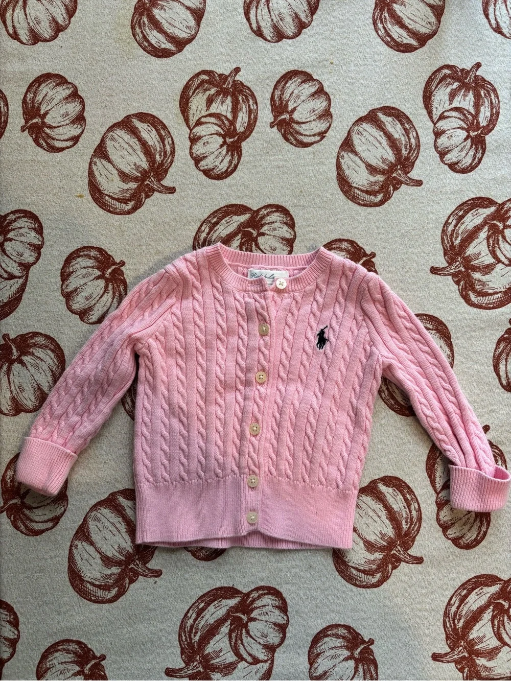 Ralph Lauren Pink Cable-Knit Kids Cardigan with Navy Pony